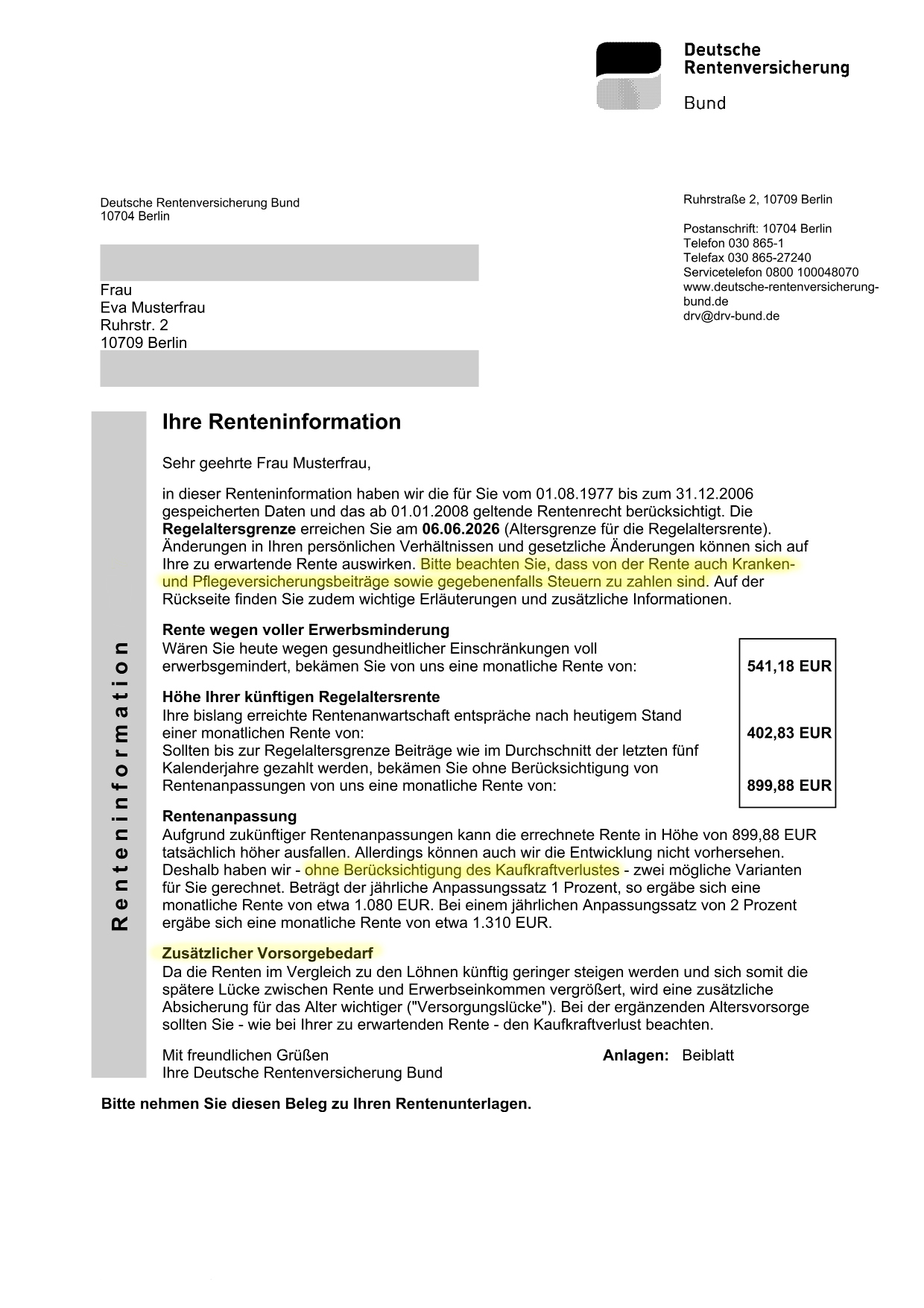 Renteninformation Beispiel, Berufsunfähigkeit, Berufsunfähigkeitsversicherung, Berufsunfähigkeitsrente, Versicherungsmakler