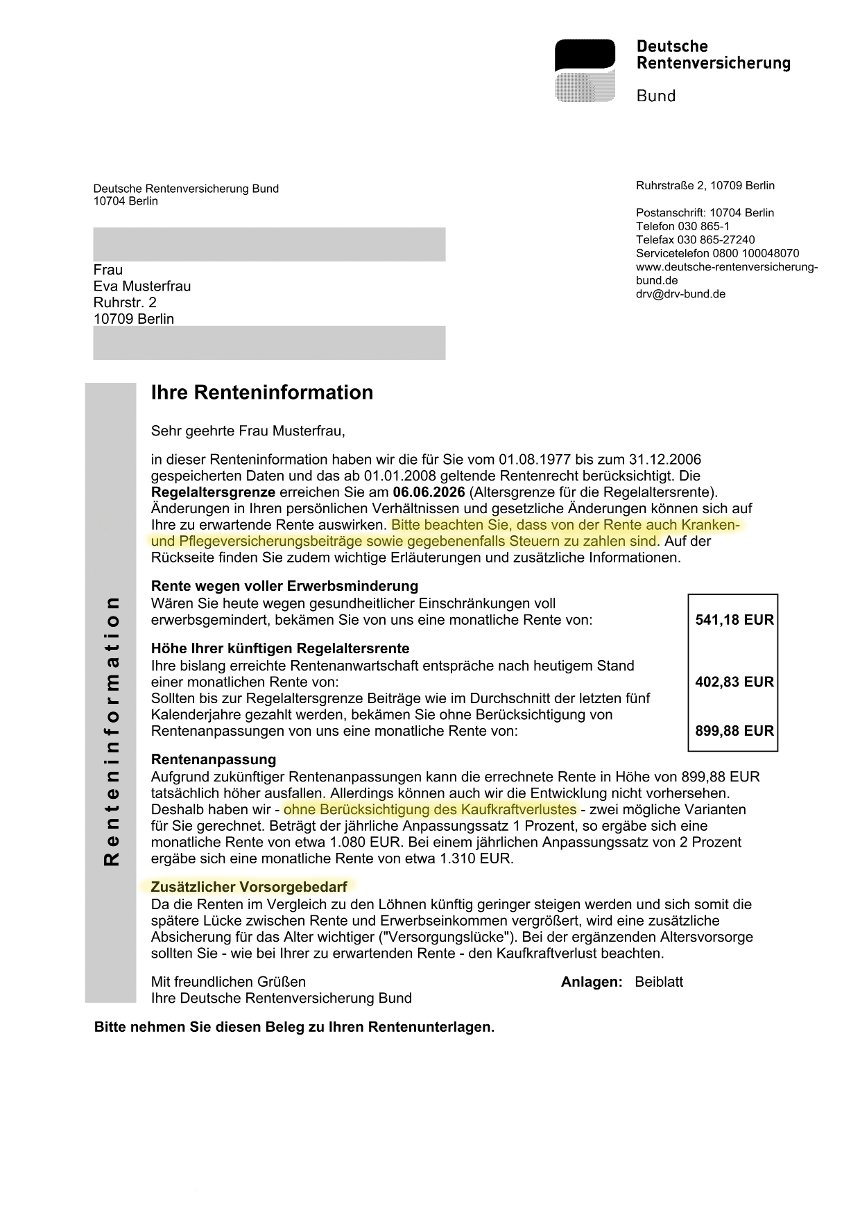 beispiel renteninformation, rentenlücke, altersvorsorge, unabhängiger versicherungsmakler, versicherung für alter