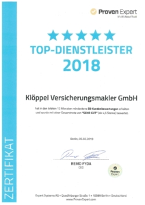 Proven Expert Urkunde TOP-Dienstleister 2018