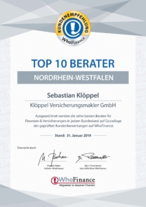 Who Finance TOP 10 Berater NRW Urkunde